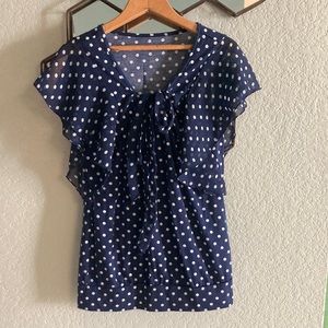 Tie Neck Navy Polka Dot Retro Blouse